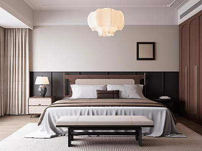 Modern Elegant Bedroom Interior With White Pendant Lamp Headboard Wooden Wardrobes And Bench 3d model