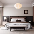 Modern Elegant Bedroom Interior With White Pendant Lamp Headboard Wooden Wardrobes And Bench