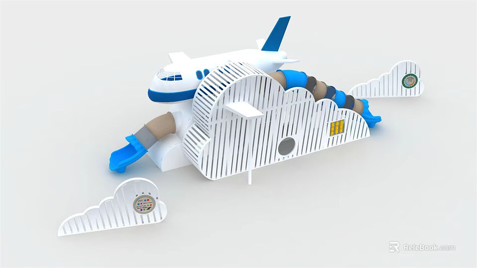 Airplane Shaped Playground Equipment With Blue Brown Slides And Cloud Decorations 3d model 