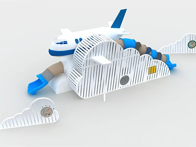 Airplane Shaped Playground Equipment With Blue Brown Slides And Cloud Decorations 3d model