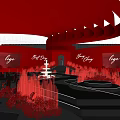 Elegant Red Themed Banquet Hall With Chandeliers Stage Cake And Decorations