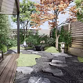 Japanese Courtyard Garden With Stone Lantern Raked Gravel Wooden Deck Lush Greenery And Sliding Screens