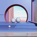 Modern Arched Frame Display Platform With Pink Purple Tones And Beach View White Spheres