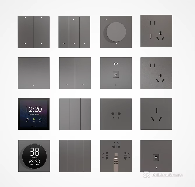 Grey Smart Wall Switches And Sockets With Digital Display Various Designs 3d model 