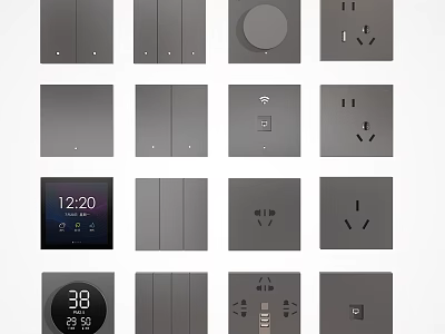 Grey Smart Wall Switches And Sockets With Digital Display Various Designs 3d model