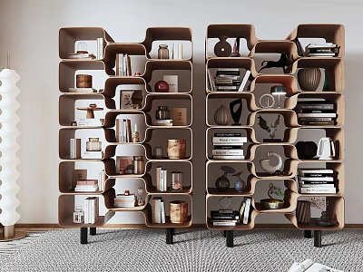 Modern Wooden Bookcase With Unique Compartments Holding Books Decor Vases And Bowls 3d model