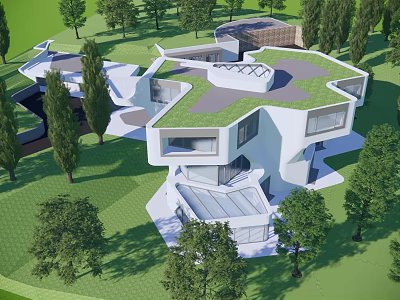 Modern Detached Villa Featuring Green Roof and Geometric Design Surrounded by Trees 3d model