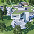 Modern Detached Villa Featuring Green Roof and Geometric Design Surrounded by Trees