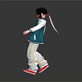 3D Stylized Anime Character With Black Hair Red Mask Blue White Coat And Red Shoes