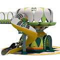 Colorful Playground Structure With Spiral Slide And Carousel Like Top Design