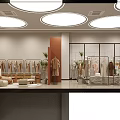 Clothing Store Interior With Circular Ceiling Lights Brown Pillar Racks Mannequins Plants And Wooden Cabinets