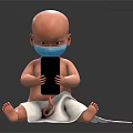 Baby Wearing Blue Mask Sitting On Floor With Black Phone And White Towel