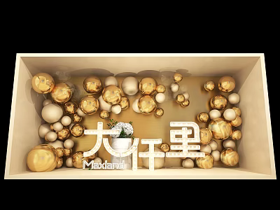 Store Window Display With Gold And White Balls White Vase Flowers And Maxland Sign 3d model