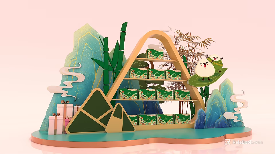 Traditional Zongzi Gift Box Display With Mountain Bamboo And Cloud Patterns 3d model 