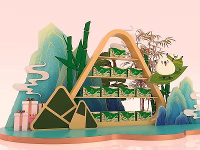 Traditional Zongzi Gift Box Display With Mountain Bamboo And Cloud Patterns 3d model