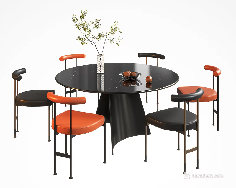 Round Black Marble Top Dining Table Set With Orange Cushioned Chairs And Decorations 3d model