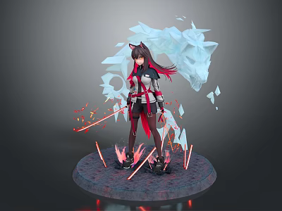 Cat Eared Character With Ice Wolf Spirit And Fire Effects On Stone Platform 3d model