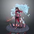 Cat Eared Character With Ice Wolf Spirit And Fire Effects On Stone Platform