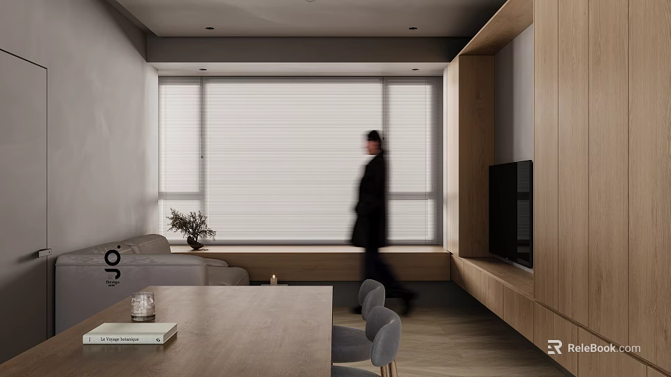 Warm Minimalist Wood Tone Living And Dining Room With Large Bay Window And Storage Cabinets 3d model 