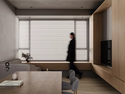 Warm Minimalist Wood Tone Living And Dining Room With Large Bay Window And Storage Cabinets 3d model