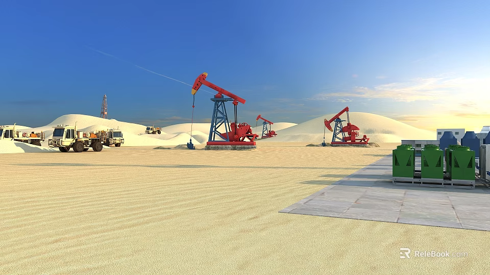 Industrial Plant Featuring Red Oil Pumps Sand Dunes Truck And Blue Sky Desert Scene 3d model 