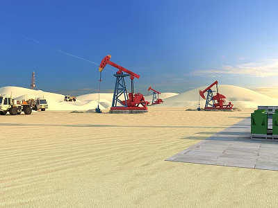 Industrial Plant Featuring Red Oil Pumps Sand Dunes Truck And Blue Sky Desert Scene 3d model