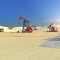 Industrial Plant Featuring Red Oil Pumps Sand Dunes Truck And Blue Sky Desert Scene