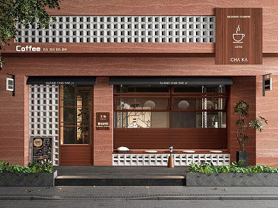 Cafe Storefront With Red Brick Wall Glass Windows Coffee Chai Tea Signage And Green Plants 3d model