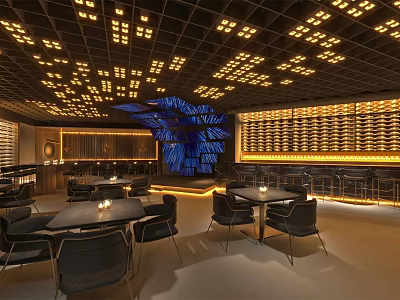 Modern Restaurant Interior With Ceiling Lights Blue Artistic Installation Dining Tables And Wine Rack Wall 3d model
