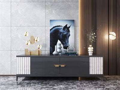 Modern Dark TV Stand With Golden Accents On Marble Wall And Decorative Artwork Vase 3d model