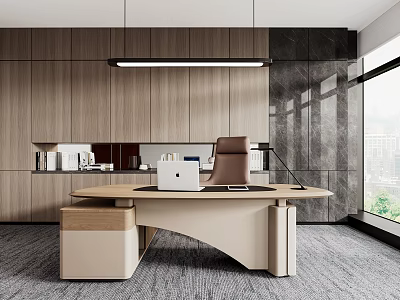 Modern Office Desk Interior With Wooden Cabinets Marble Wall Office Chair Laptop And Desk Lamp 3d model
