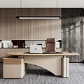 Modern Office Desk Interior With Wooden Cabinets Marble Wall Office Chair Laptop And Desk Lamp