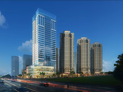 Modern High Rise Residential Buildings With Glass Curtain Walls And Urban Greenery Road View 3d model