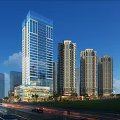Modern High Rise Residential Buildings With Glass Curtain Walls And Urban Greenery Road View