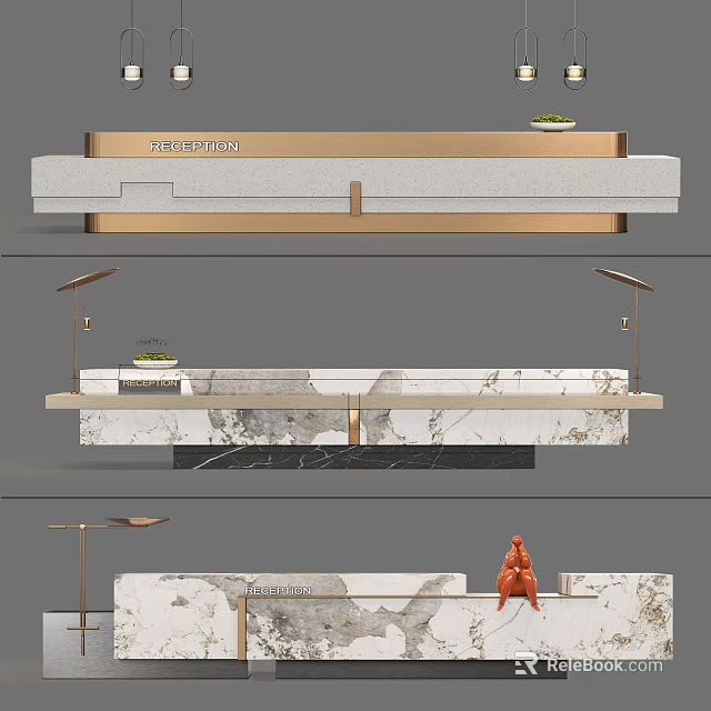 Elegant Modern Reception Desk With Marble Surface Gold Trim And Decorative Details 3d model 
