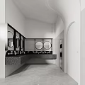 Modern Public Restroom With Sinks And Round Mirrors 3d model
