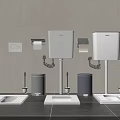 Modern Squat Toilets With White Tanks Gray Bins Toilet Paper Holders On Dark Tiled Floor