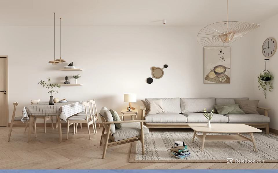 Modern Living Dining Room Interior With Light Sofa Dining Table And Wall Decor 3d model