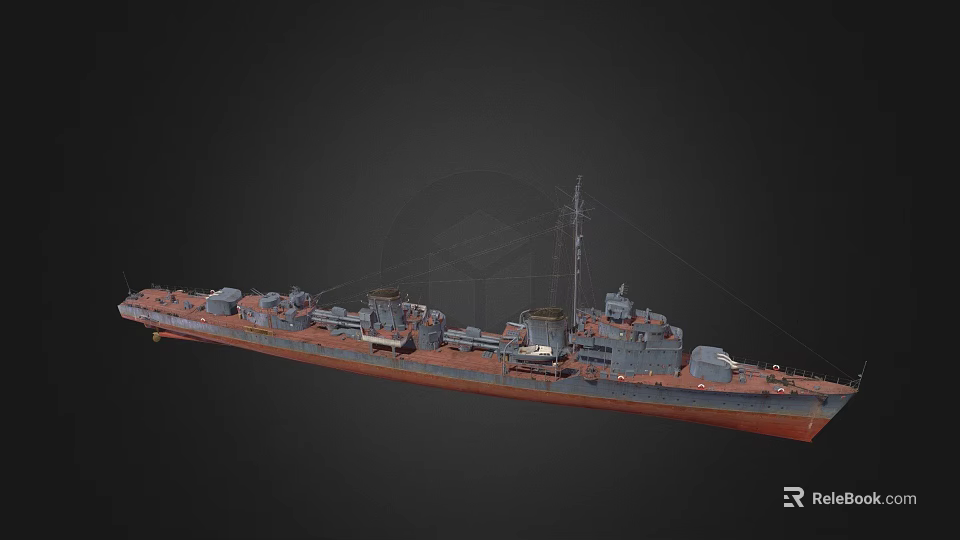 Warship 3D Model Design With Turrets Deck Structures Mast And Red Bottom Hull 3d model