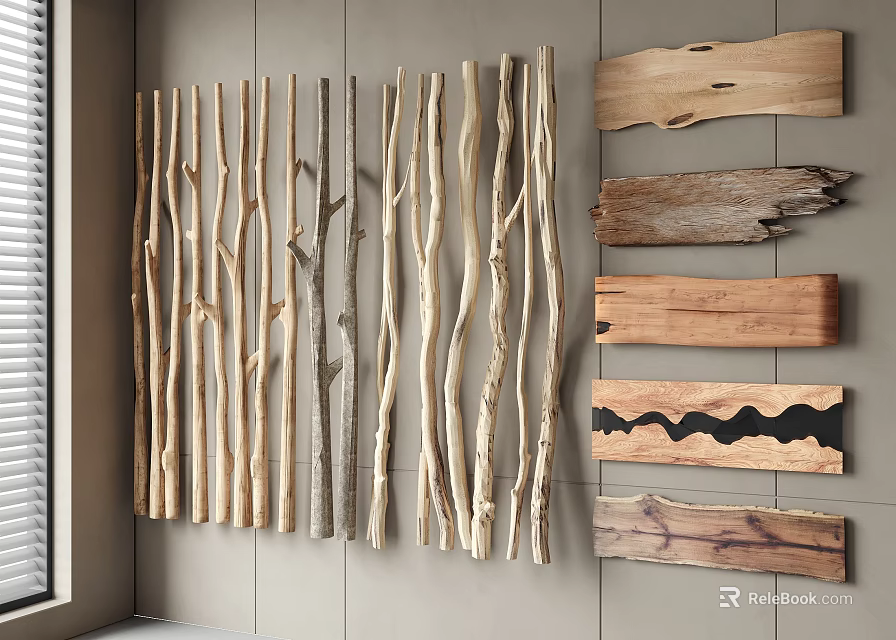 Stone And Wood Natural Wall Decoration Featuring Hanging Branches And Wooden Planks 3d model 