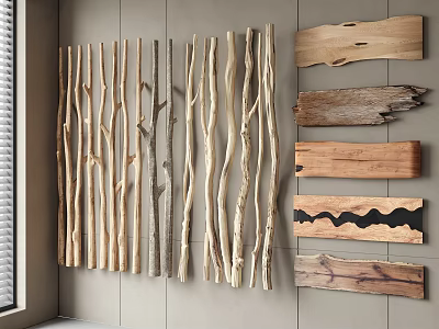 Stone And Wood Natural Wall Decoration Featuring Hanging Branches And Wooden Planks 3d model