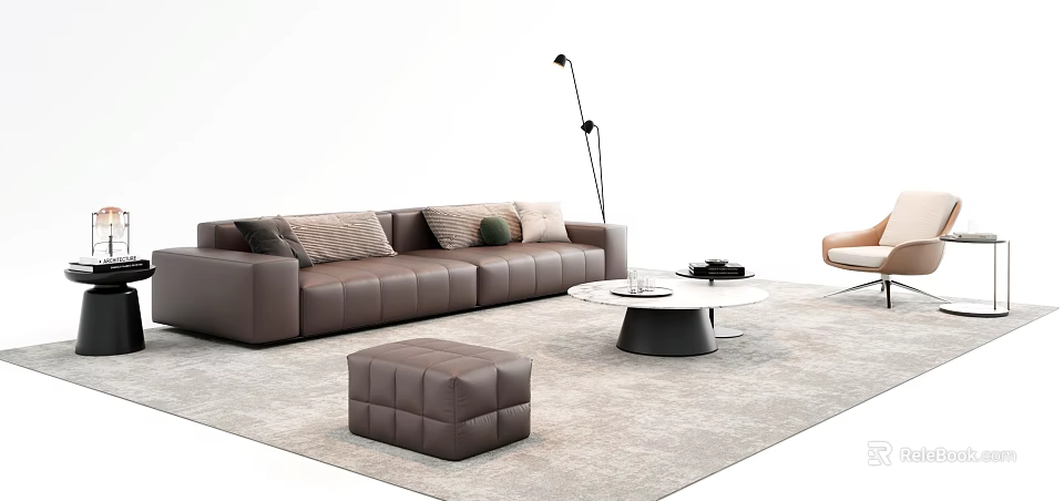 Modern Brown Leather Sofa and Coffee Table Set with Multiple Cushions Ottoman Floor Lamp 3d model 