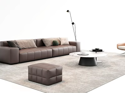 Modern Brown Leather Sofa and Coffee Table Set with Multiple Cushions Ottoman Floor Lamp 3d model
