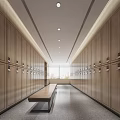 Wooden Wardrobes in Corridor With Small Locks Central Bench and Bright Lighting