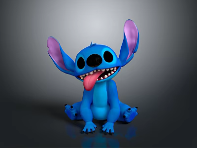 Blue Stitch with Big Ears and Pink Inner Ears Sitting and Sticking Out Tongue 3d model