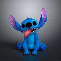 Blue Stitch with Big Ears and Pink Inner Ears Sitting and Sticking Out Tongue