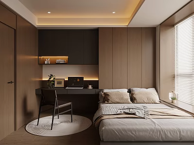 Tatami Bedroom Interior With Wooden Design Bed Desk Chair And Window Blinds 3d model