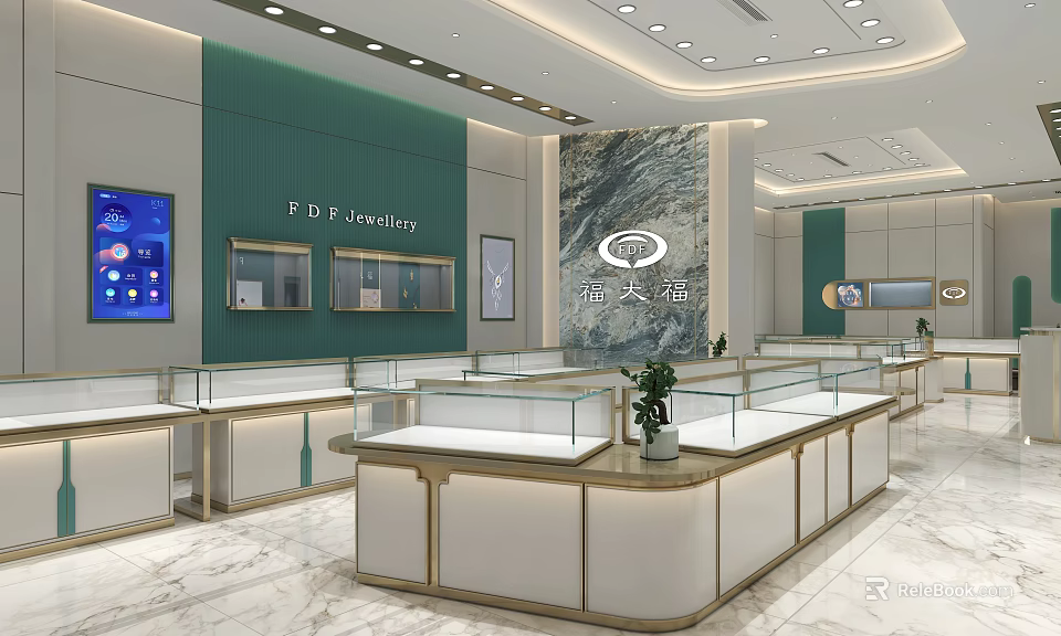 Luxury Jewelry Display Cases with Glass Tops White Gold Frames and Marble Wall 3d model 