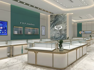 Luxury Jewelry Display Cases with Glass Tops White Gold Frames and Marble Wall 3d model