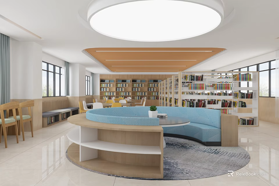 Modern Library Interior With Bookshelves And Reading Area 3d model